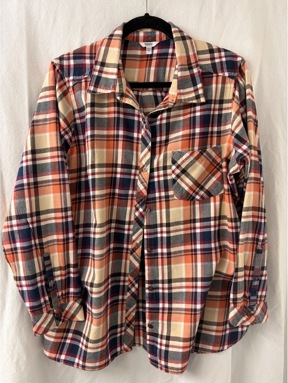 Sonoma Women's XXL Plaid Flannel Shirt Orange Navy Fall Button Down
